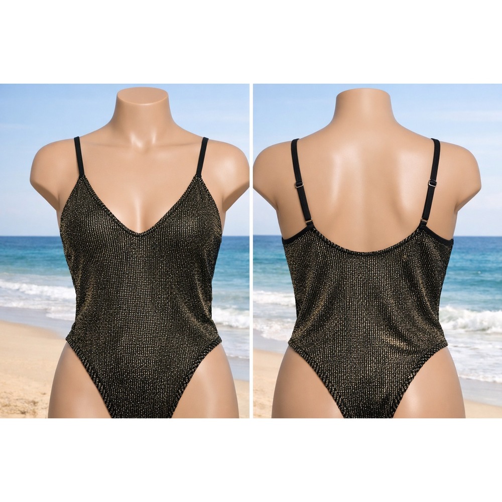 Good American Women's 00/0 Black Gold Metallic Ribbed One‑Piece Swimsuit NWT
